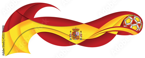 Yellow and red soccer ball leaving a wavy trail with the colors of the Spanish flag on a white background. Vector image