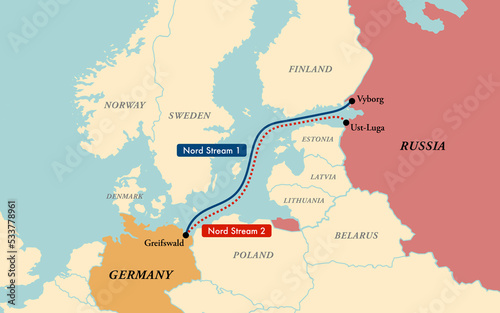 Map of Nord Stream 1 and 2 natural gas pipelines photo