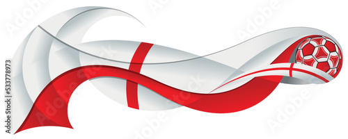 White and red soccer ball leaving an abstract trail in the form of a wavy with the colors of the flag of England on a white background. Vector image