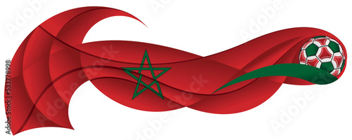Green and red soccer ball leaving an abstract wavy trail with the colors of the Moroccan flag on a white background. Vector image