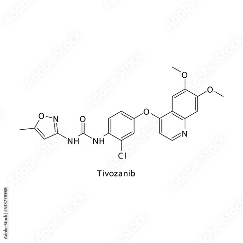 Tivozanib molecule flat skeletal structure, Tyrosine kinase - EGFR, VEGFR inhibitor used in Renal cell carcinoma Vector illustration on white background.