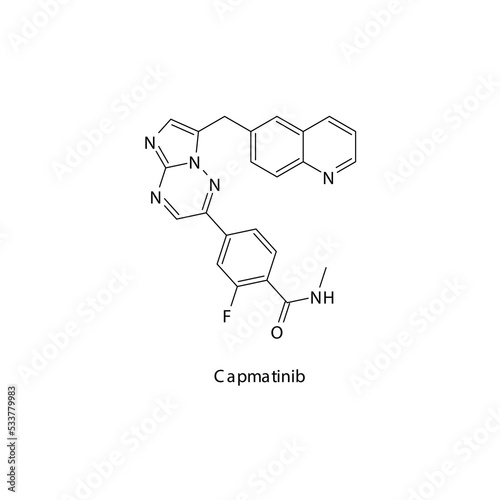 Capmatinib molecule flat skeletal structure  Tyrosine kinase - EGFR inhibitor used in non-small cell lung cancer  pancreatic cancer Vector illustration on white background.