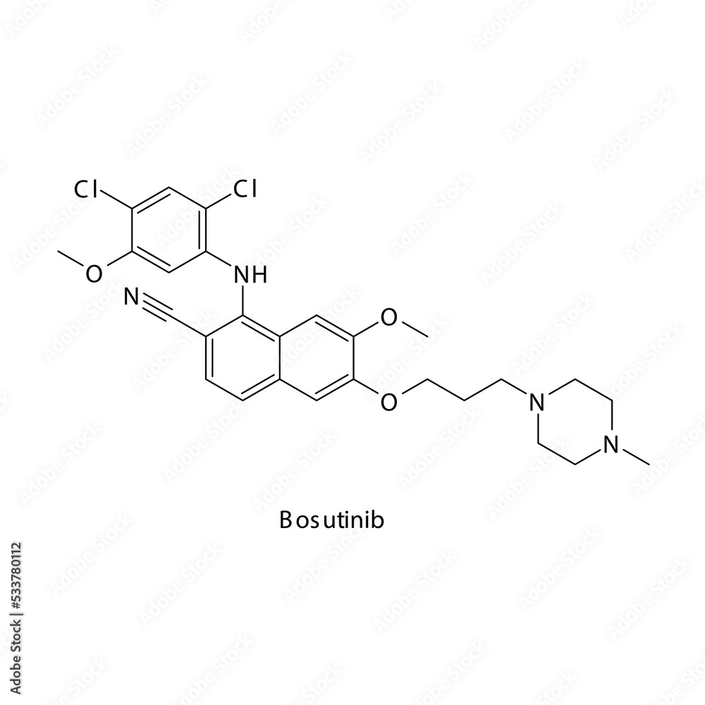 Bosutinib  molecule flat skeletal structure, Tyrosine kinase - EGFR, BCR-ABL inhibitor used in Chronic myelogenous leukemia Vector illustration on white background.