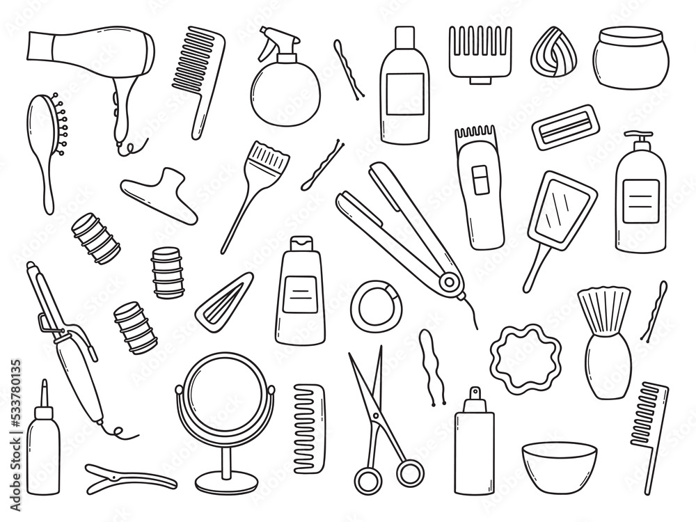 Hand drawn set of Hair salon doodle. Hairdressing tools: comb, hair dryer, shampoo, scissors in sketch style. Vector illustration isolated on white background.