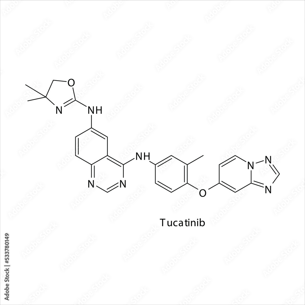 Tucatinib molecule flat skeletal structure, Tyrosine kinase EGFR