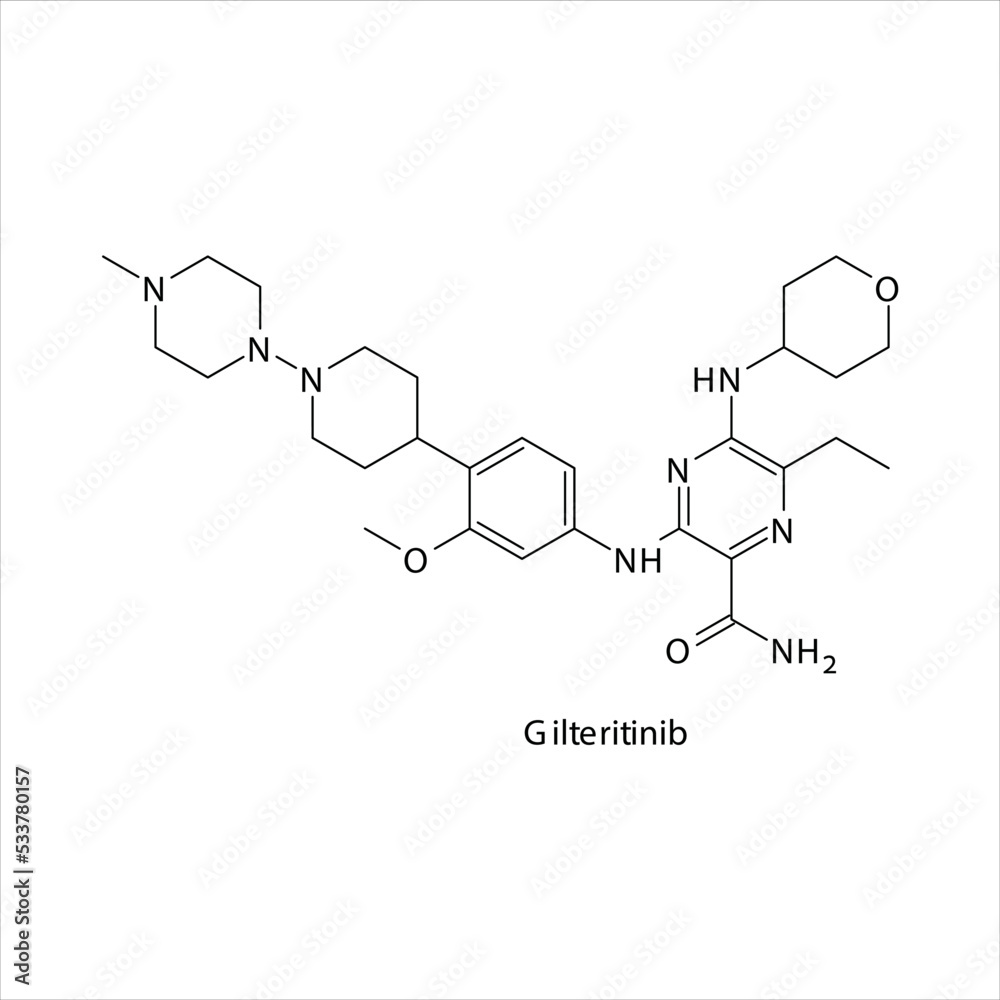 Gilteritinib molecule flat skeletal structure, Tyrosine kinase - EGFR inhibitor used in Acute myloid leukemia - AML Vector illustration on white background. Gilteritinib molecule flat skeletal structure, Tyrosine kinase - EGFR inhibitor used in Acute myloid leukemia - AML Vector illustration on white background.