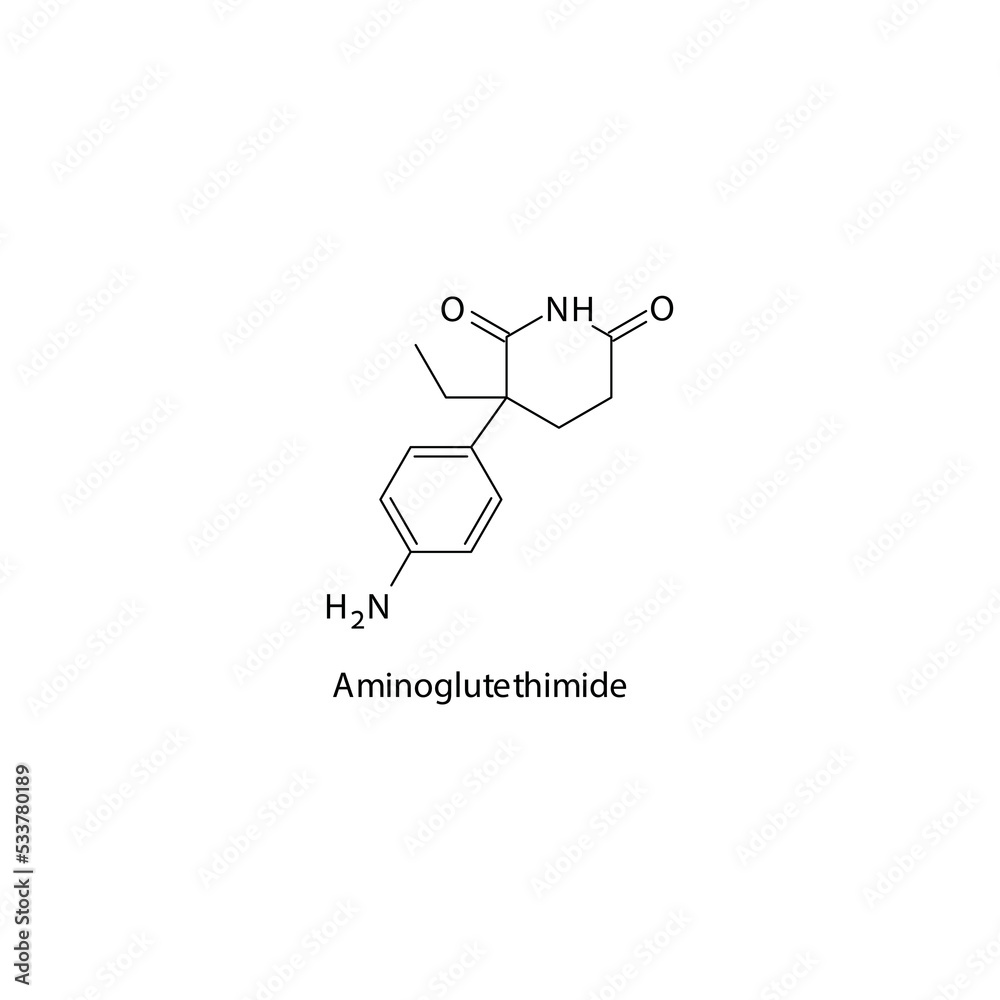 Aminoglutethimide molecule flat skeletal structure, Estrogen synthesis inhibitor used in breast cancer Vector illustration on white background. Aminoglutethimide molecule flat skeletal structure, Estrogen synthesis inhibitor used in breast cancer Vector illustration on white background.