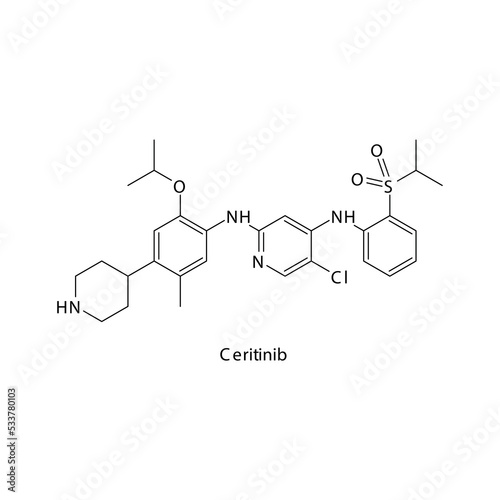 Ceritinib  molecule flat skeletal structure, Tyrosine kinase - EGFR inhibitor used in non-small cell lung cancer, pancreatic cancer Vector illustration on white background.