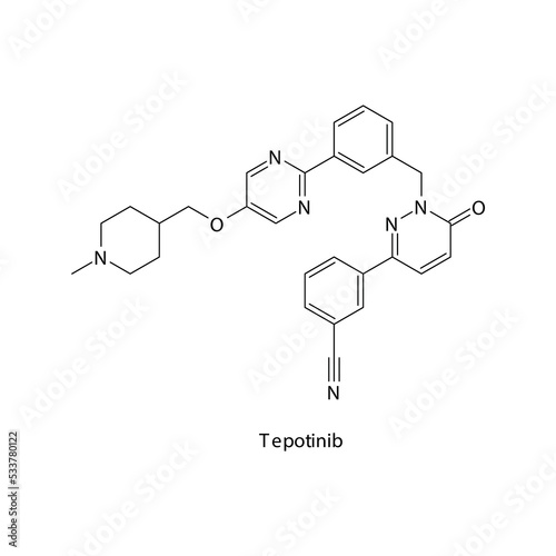 Tepotinib molecule flat skeletal structure, Tyrosine kinase - ALK, ROS1 inhibitor used in non-small cell lung cancer, pancreatic cancer Vector illustration on white background.