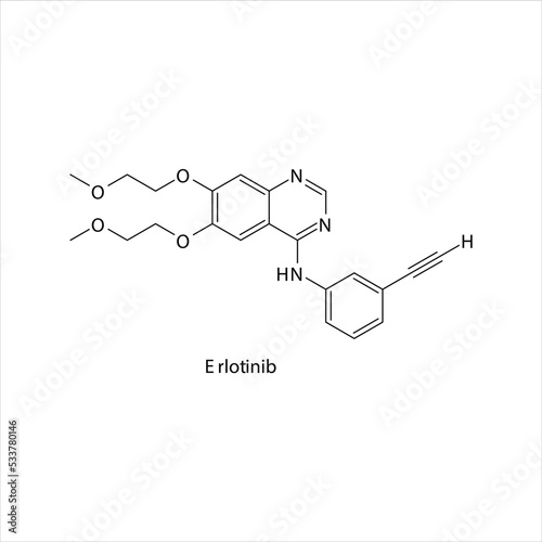 Erlotinib molecule flat skeletal structure, Tyrosine kinase - EGFR inhibitor used in non-small cell lung cancer, pancreatic cancer Vector illustration on white background.