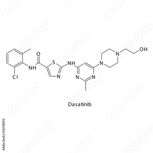 Dasatinib molecule flat skeletal structure, Tyrosine kinase - EGFR, BCR-ABL inhibitor used in Chronic myelogenous leukemia Vector illustration on white background.