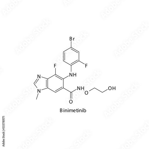 Binimetinib molecule flat skeletal structure, Tyrosine kinase - MEK, MAPK inhibitor used in Metastatic melanoma Vector illustration on white background. photo