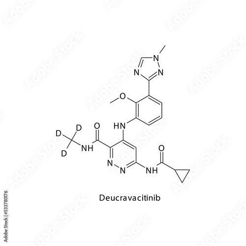 Deucravacitinib molecule flat skeletal structure, Tyrosine kinase - JAK inhibitor used in Severe plaque psoriasis Vector illustration on white background.
