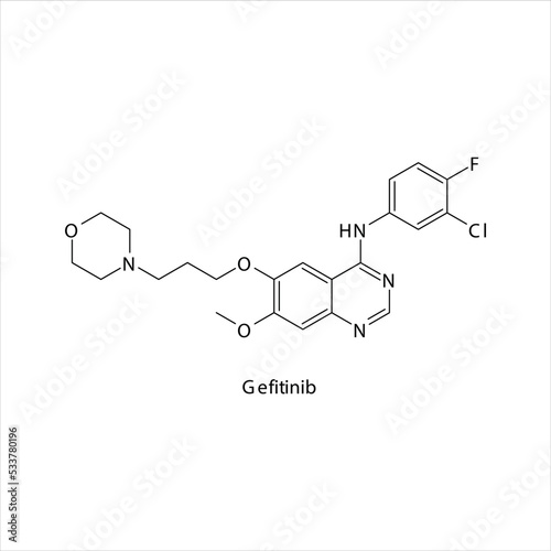 Gefitinib molecule flat skeletal structure, Tyrosine kinase - EGFR inhibitor used in non-small cell lung cancer Vector illustration on white background.