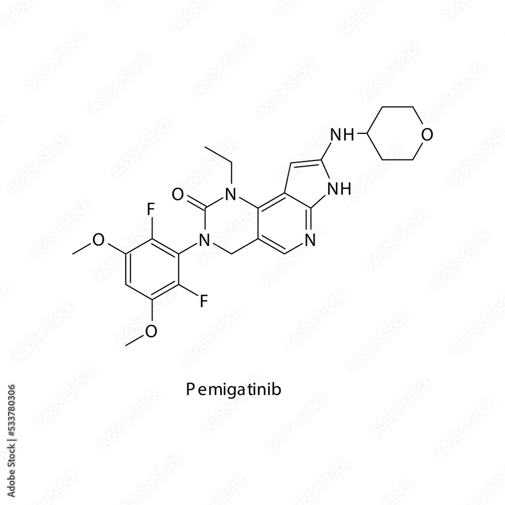 Pemigatinib molecule flat skeletal structure, Tyrosine kinase - EGFR, FGFR inhibitor used in Cholangiocarcinoma Vector illustration on white background.