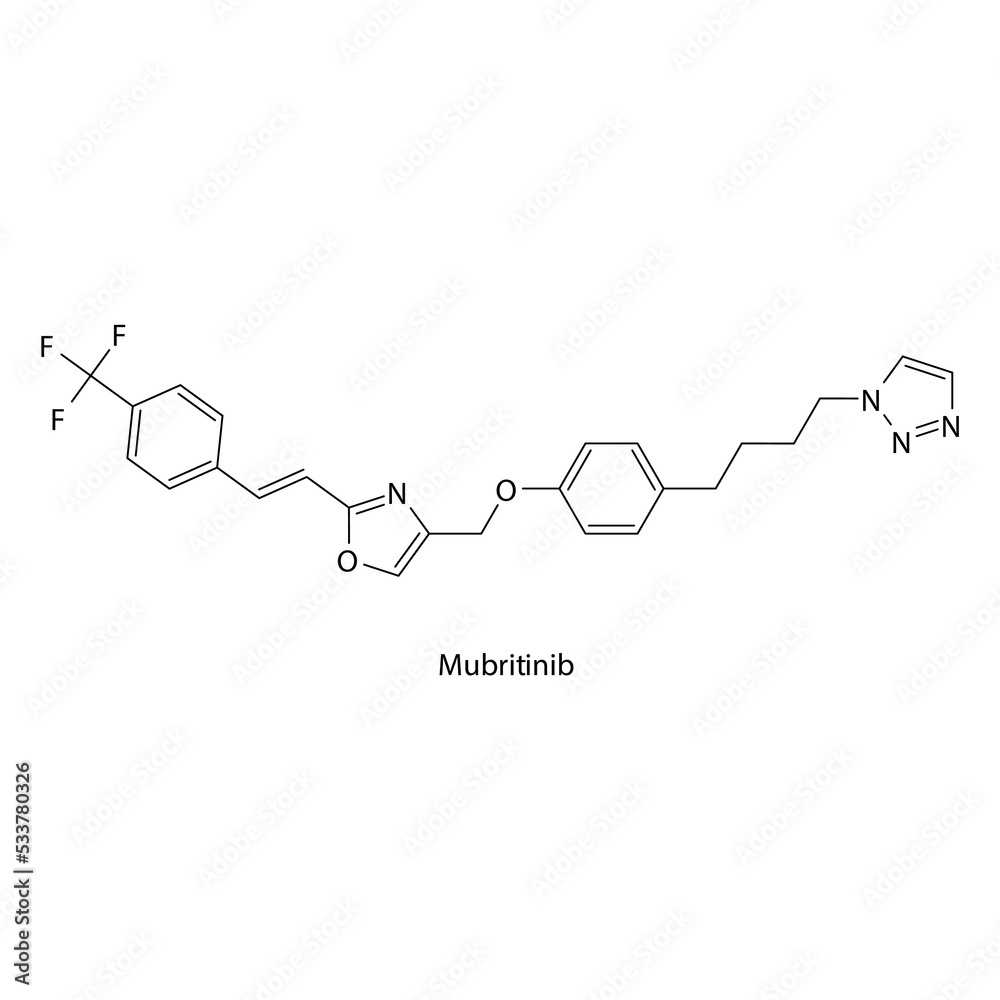 Mubritinib  molecule flat skeletal structure, Tyrosine kinase - EGFR inhibitor used in research Vector illustration on white background.