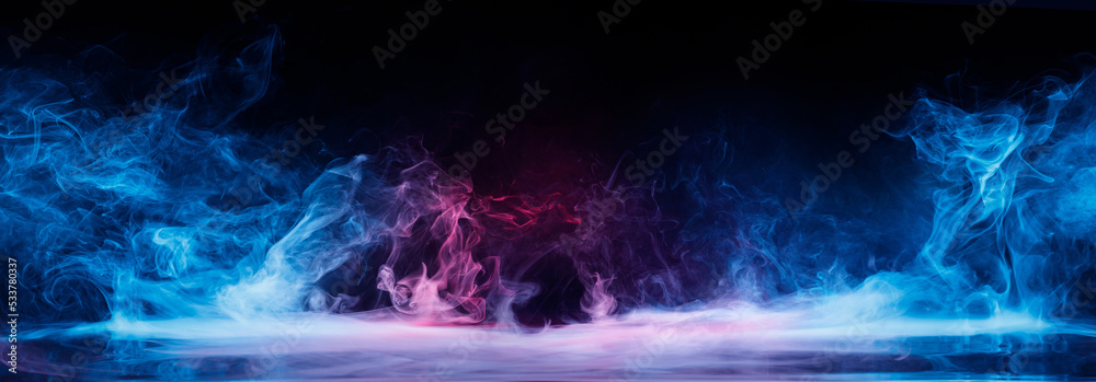 Panoramic view of the abstract fog. Red and blue cloudiness, mist or smog moves on black background. Beautiful swirling blue smoke. Mockup for your logo. Wide angle horizontal wallpaper or web banner. - obrazy, fototapety, plakaty 