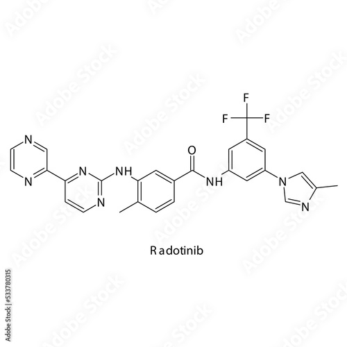 Radotinib  molecule flat skeletal structure, Tyrosine kinase - EGFR, BCR-ABL inhibitor used in Chronic myelogenous leukemia Vector illustration on white background.