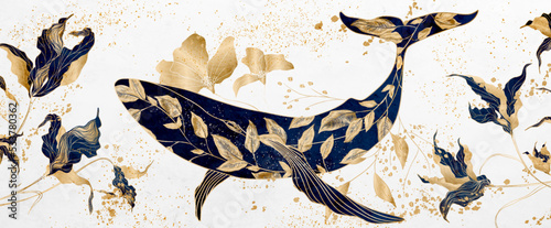 Luxury art background with whale and gold and blue floral pattern. Banner with hand drawn floral and animal pattern for wallpaper design, print, textile, decor, packaging, invitations. photo