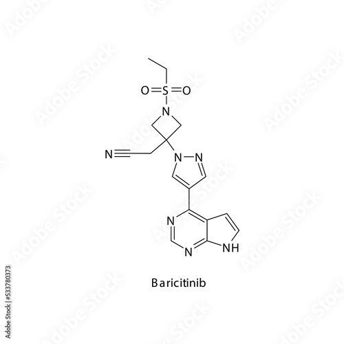 Baricitinib molecule flat skeletal structure, Tyrosine kinase - JAK inhibitor used in Rheumatoid arthritis, COVID 19 Vector illustration on white background.