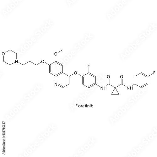 Foretinib  molecule flat skeletal structure, Tyrosine kinase - EGFR inhibitor used in research Vector illustration on white background.