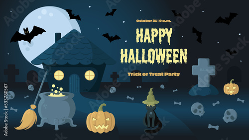 Halloween Night Vector Banner With Witch Hut, Cemetery, Jack Lantern, Cauldron, Broom, Black Cat and Bats. Perfect for Web Sites, Social Media, Printed Materials, etc.
