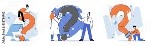 Question mark, obtaining information of interest. Problem and solution concept metaphor. FAQ help. Decision of information task, ask questions and receive answers, paint ladge sign decision of doubts
