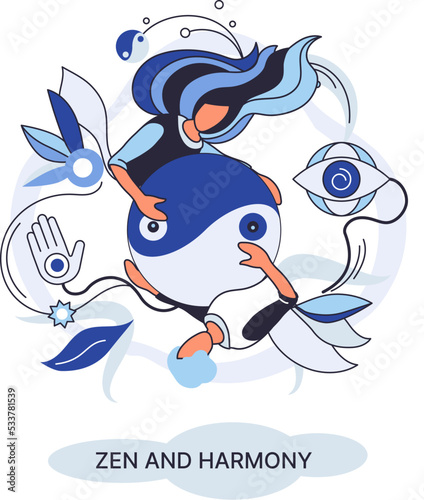 Zen and harmony metaphor, meditation practice. Balance, relaxation, mindfulness. Calm person relaxing. Yoga and spiritual practice, relax, recreation, healthy lifestyle. Japanese cult of mind and body