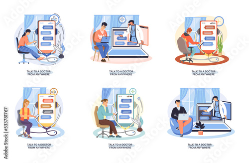 Online medical services mobile application consultation and prescription medicine professional doctor connecting and giving consultation for patient anywhere telemedicine metaphor, health care program