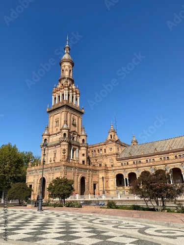 Plaza de Espana - a landmark example of Regionalism Architecture, mixing elements of the Baroque Revival, Renaissance Revival and Moorish Revival styles of Spanish architecture, Seville, Spain. High