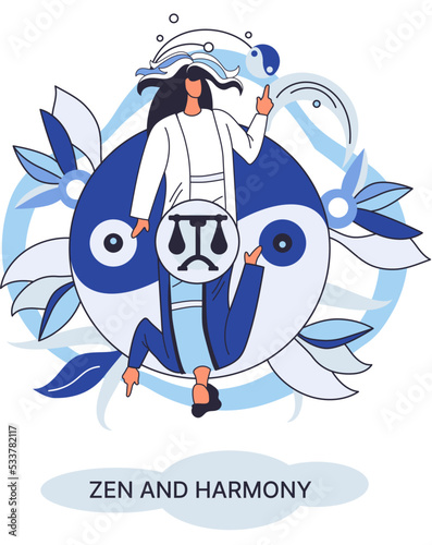 Zen and harmony, meditation practice. Balance, relaxation, mindfulness concept. Calm person relaxing. Poise and spiritual practice, relax, recreation, healthy lifestyle. Japanese cult of mind and body