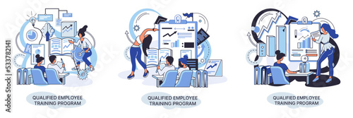 Qualified employee training program. Refresher course metaphor. Help in professional development. Learning for software development and growth. Agile project management team project life scrum meeting