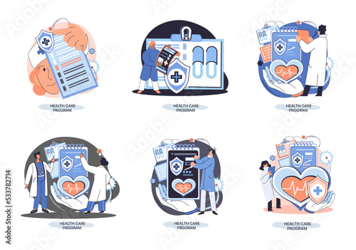 Health care program metaphor, online medical services, protection medicine. Medical insurance, hospital services, preventive check up, sick leave certificate treatment diagnosis patients, telemedicine