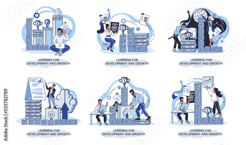 Learning development and growth. Self-learning metaphor, online emoloyee education distance e-learning. Skill improvement. Self development program way to success. Goal achieving professional training