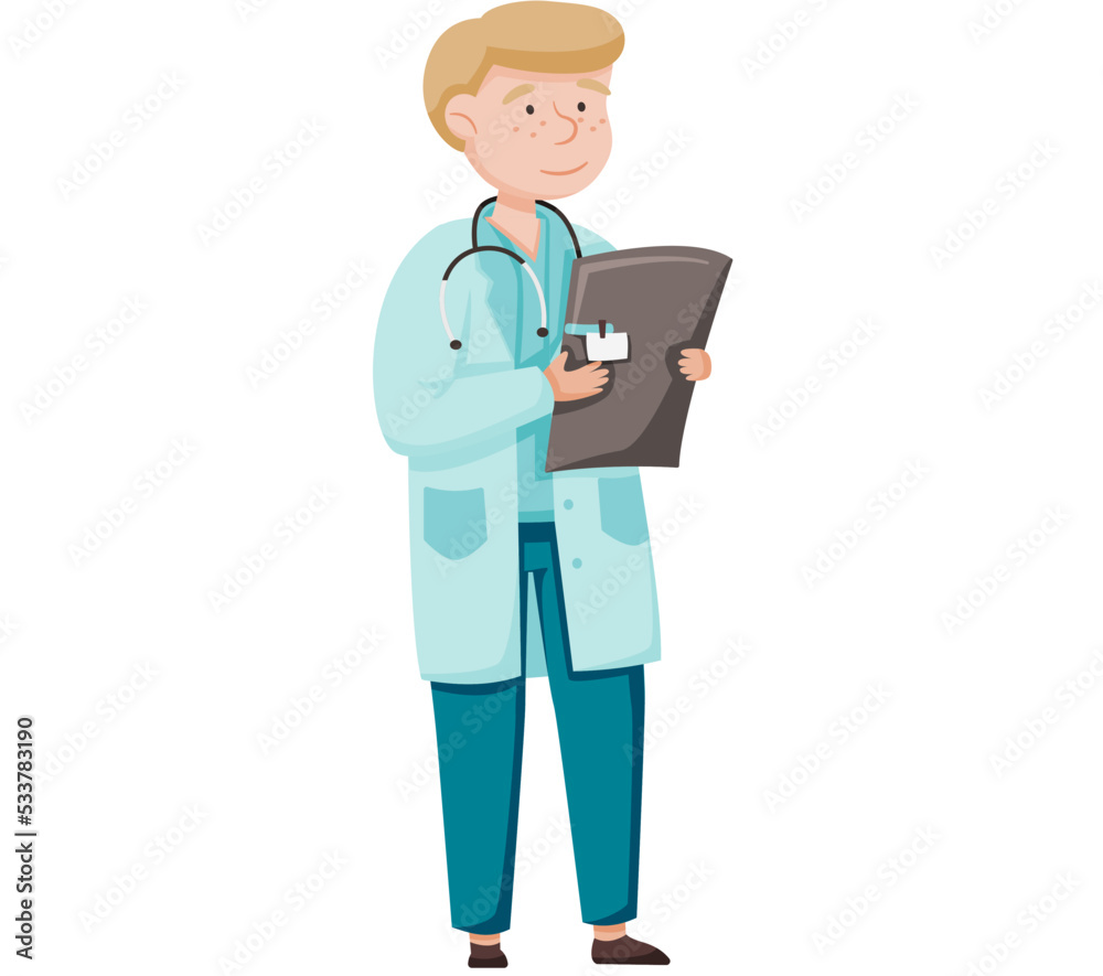 Doctor male character in hospital, medicine, health care concept. Man medic therapist or surgeon in blue uniform cartoon character standing in clinic office. Medicare, physician medical consultation