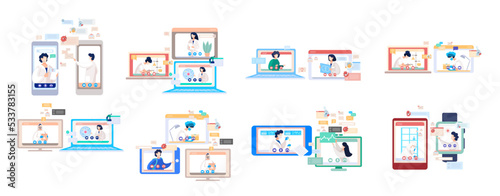 Online doctor conference, consultation via your smartphone. Concept for medical app and websites. Remote meetings of scientists conferring on fight against viruses and scientific researches