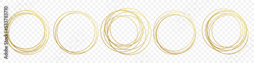 Hand drawn gold circle line sketch set. Vector golden circular scribble doodle round circles for message note mark design element. Pencil or pen graffiti bubble or ball draft illustration