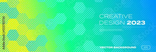 Color gradient background, geometric halftone pattern, vector abstract trendy graphic design. Honeycomb mosaic line pattern in blue and yellow green halftone gradient background