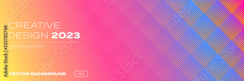 Color gradient background, halftone pattern, vector abstract trendy geometric graphic design. Simple minimal square and dots halftone yellow blue orange and pink color gradient pattern background