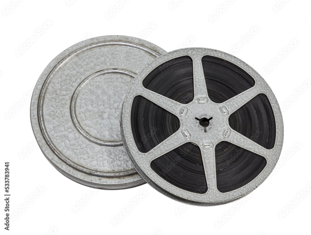 Vintage 8mm film reel and can isolated. Stock Photo