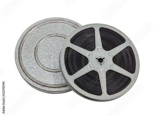 Vintage 8mm film reel and can isolated. photo