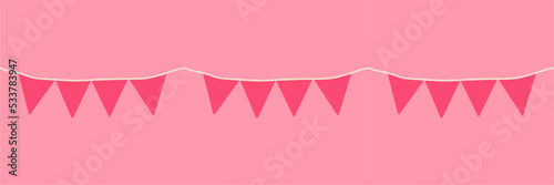 Pink retro bunting garlands isolated on pink background. Vector illustration. Happy birthday seamless banner, fiesta border, carnival holiday header.