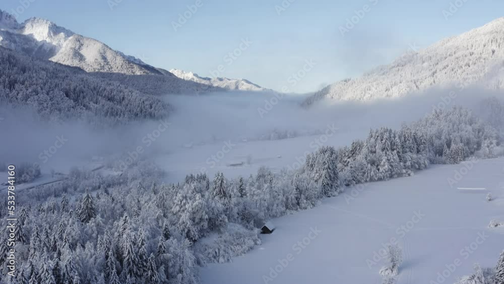 Aerial shot of winter forest and mountains covered in snow, morning fog, frozen forest Aerial shot of winter forest and mountains covered in snow, morning fog, frozen forest