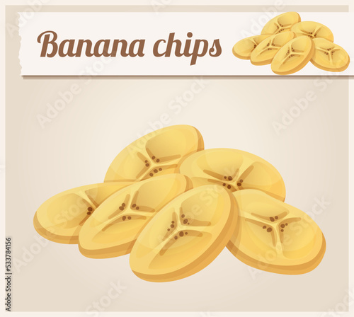 Banana chips vector icon, round fruit slices cartoon illustration