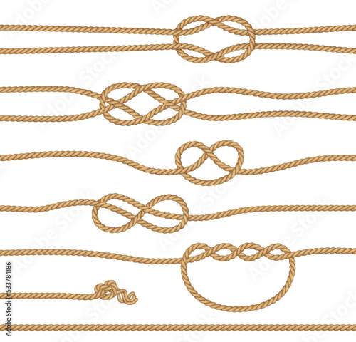 Ropes with loose knots illustration isolated on white background. Vector decorative objects set