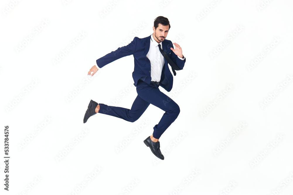 Man business smile with teeth in costume running and jumping flying up open mouth happiness and surprise full-length on white isolated background copy space Man business smile with teeth in costume running and jumping flying up open mouth happiness and surprise full-length on white isolated background copy space
