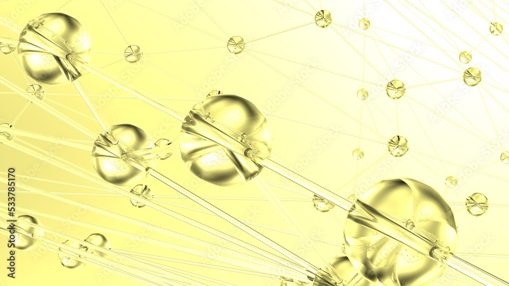 Clear glass atom structure on soft yellow background. Concept of biological science, network technology and human strategy. 3D CG. 3D high quality rendering. 3D illustration. Clear glass atom structure on soft yellow background. Concept of biological science, network technology and human strategy. 3D CG. 3D high quality rendering. 3D illustration.
