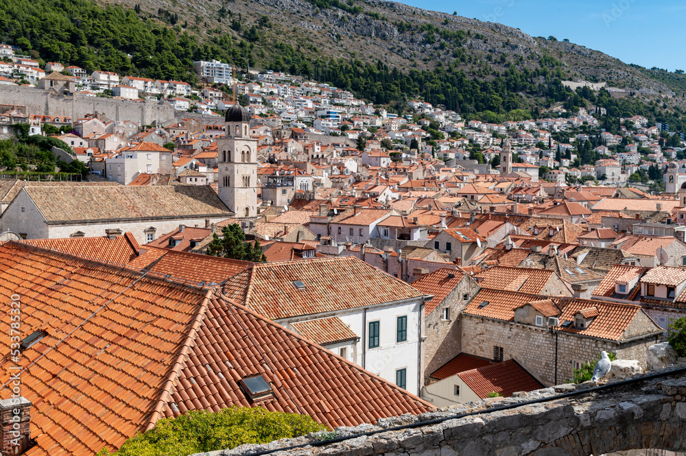Panoramic view of historic Old Town in Dubrovnik, Croatia, taken from the stone walls that encircle it.  