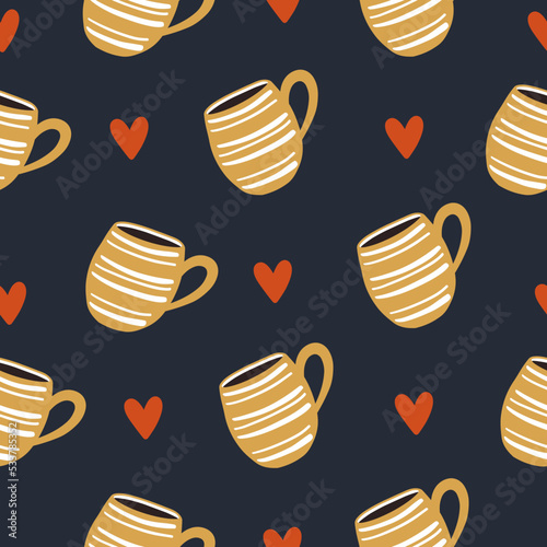Seamless pattern of yellow cups and hearts. Cute vector illustration. Design print to social media, kitchen textile, wallpaper, wrapping paper. Element for pottery shop, tableware, craft home decor.