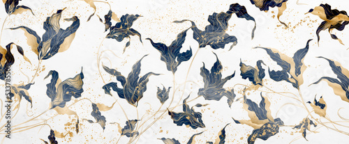 Fotografie, Obraz Luxury abstract art background with flowers and leaves in blue and gold art line